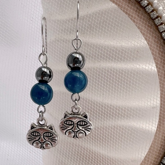 Dangle Earrings Hematite, Blue Jade and Cat Charms - Picture 1 of 13